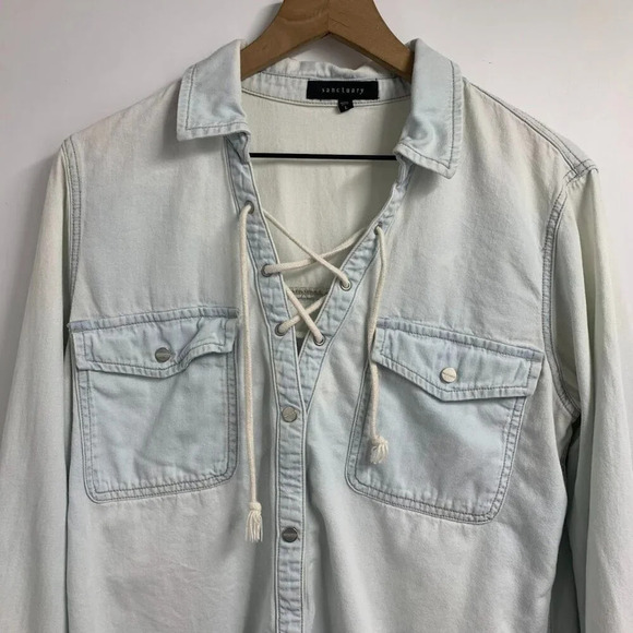 Sanctuary Women's Lace Up Button Front Long Sleeve Collared Shirt Size L - Picture 4 of 12